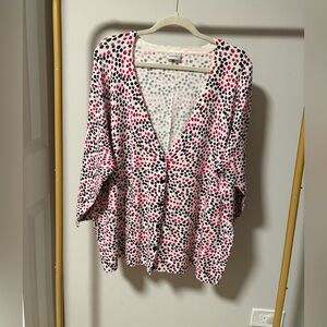 Avenue 3/4 Sleeve Cardigan - Pink, Black, White Dots 2X